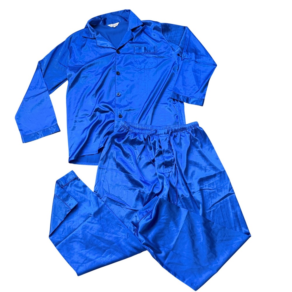 Lonxu Mens Satin Pajama Set Size L Royal Blue Long Sleeve Button Down Sleepwear